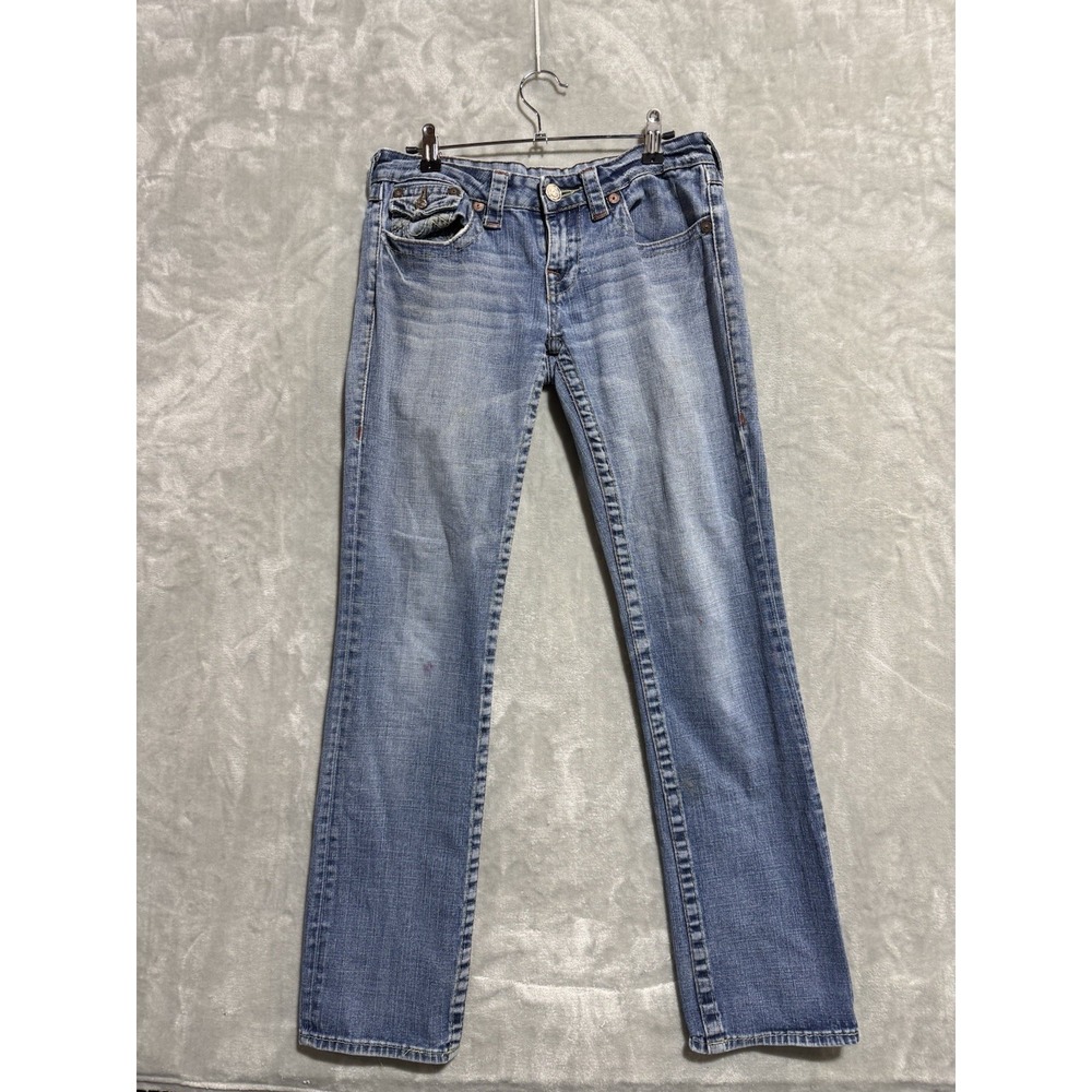 True Religion Jeans Women's 28 Blue Straight Slim USA Made Distressed Light Wash